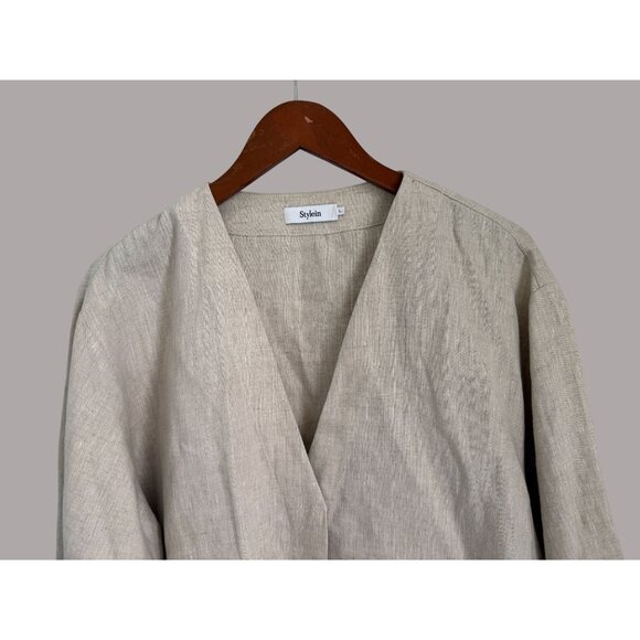 Stylein Linen Cardigan Oversized Layers Beige Button-Up V-Neck Lightweight  Jack - Picture 2 of 7